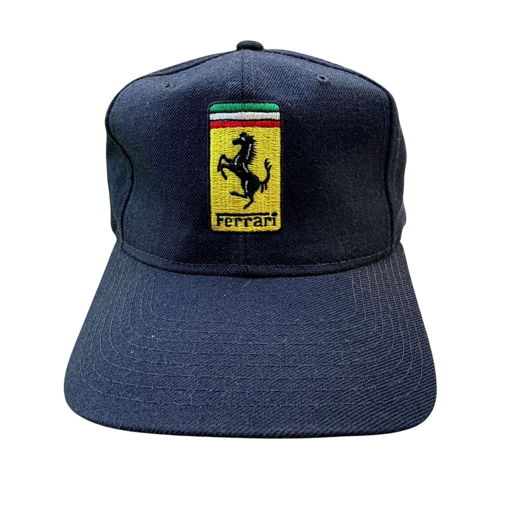 Vintage Ferrari Racing Hat Navy Blue Wool Blend Snapback Cap Made in DR